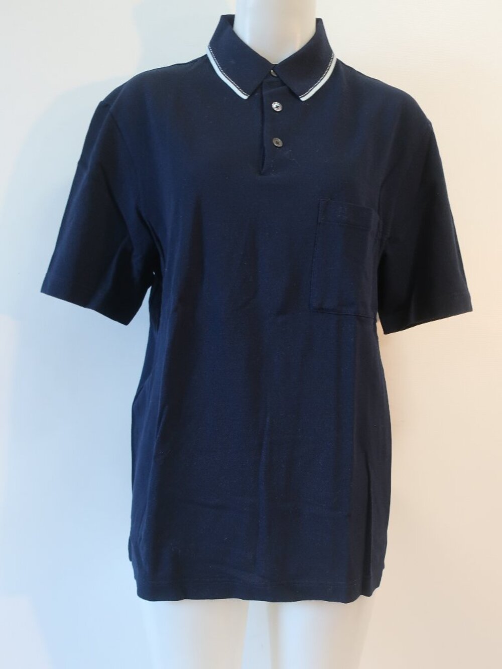 NWT Mens Hermes Marine Blue (Item-35) Embroidered Pocket Logo Pique Polo Shirt L